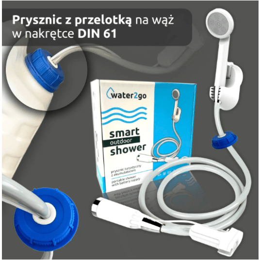Prysznic turystyczny bezprzewodowy z akumulatorem Water2go + nakrętka DIN 61 z przelotką