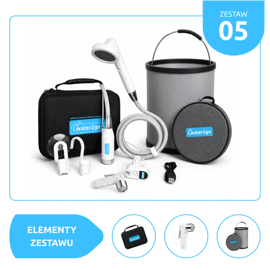 ZESTAW No.5 - Prysznic bezprzewodowy Water2go w kartoniku + etui + słuchawka bidetowa + wiaderko -zdjęcie numer 1